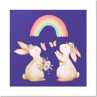 Cute Rabbits Catching Butterflies Posters and Art